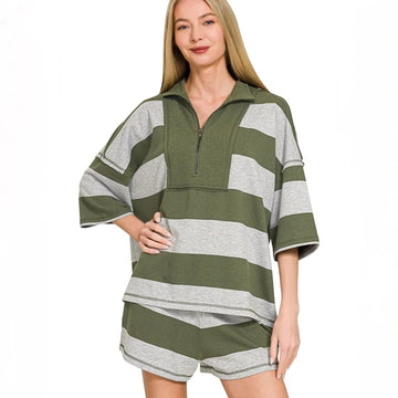 Zenana French Terry Stripped Half-Zip Set