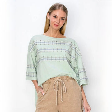D 908. J.Her Mineral Wash Top w/ Plaid Details 100% Cotton - Size Large (will fit XL & 2X)