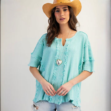B 927. NWT Easel Textured Ribbed Knit Mineral Washed Top Cotton/Spandex Blend - Size Small (will fit Medium, Large & XL)