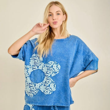 B 983. J.Her Mineral Washed Flower Crochet Top 100% Cotton - Size Small