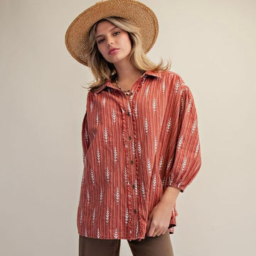 D 942. NWT Easel Button Down Washed Top Cotton/Linen Blend- Size Large (will fit XL)