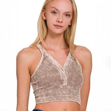 B 896. Zenana Washed Ribbed Seamless Snap Front Tank - Size Small/Medium