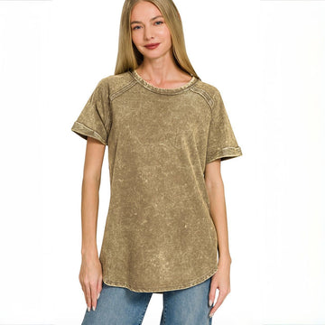 D 999. Zenana French Terry Acid Wash Raw Edge Raglan Top 100% Cotton - Size Large