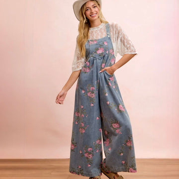 D 960. NWT BiBi Flower Print Washed Wide Leg Denim Overalls - Size Large