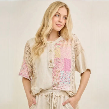 B 946. J.Her Mineral Washed Printed Henley Top 100% Cotton - Size Small (will fit Medium & Large)