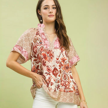 C 951. NWT Umgee Mixed Print Short Sleeve Top - Size Medium