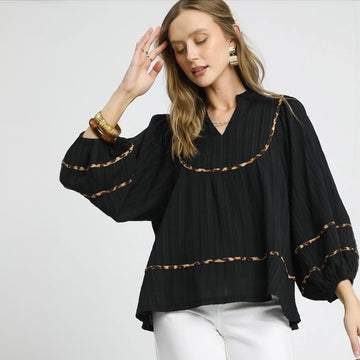 B 882. NWT Umgee Textured Fabric with Animal Print Trim 3/4 Sleeve Top - Size Small