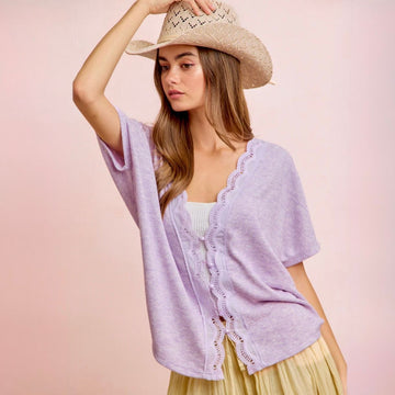 E 945. NWT BiBi Knit, Lace Edged, Button-up Short Sleeve Cardigan - Size XL (will fit 2X)