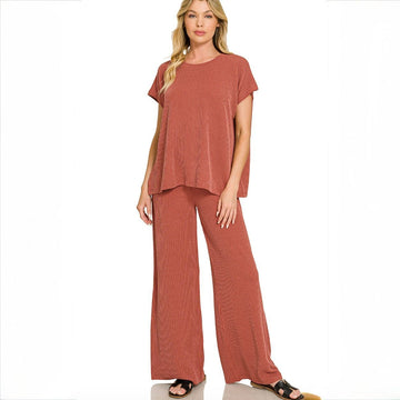 B 965. Zenana Raised Rib Relaxed Top & Pants Set - Size Small (will fit Medium)