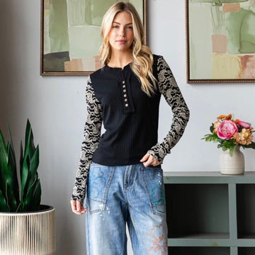 A 873. Oli & Hali Henley Rib Knit Top,  Sleeves with Printed Lace Effect - Size XS (labeled Small)