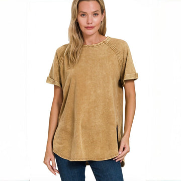 F 969. Zenana French Terry Acid Wash Raw Edge Raglan Top 100% Cotton - Size 2X