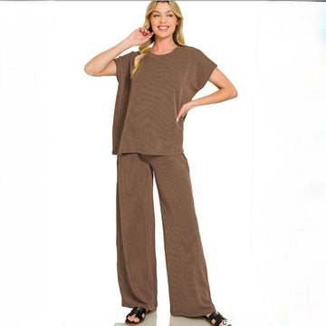 B 971. Zenana Raised Rib Relaxed Top & Pants Set - Size Small (will fit Medium)