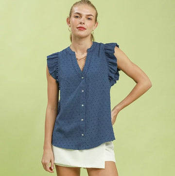 B 986. NWT Umgee Swiss Dot Ruffle Sleeve Top - Size Small