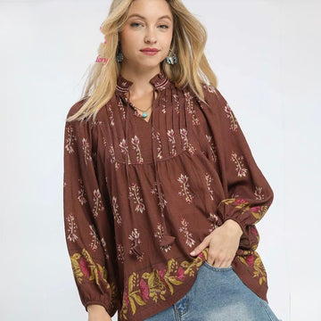 B 871 NWT Umgee Floral Boho Peasant Blouse - Sizes Small
