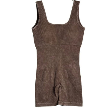B 892. Zenana Seamless Ribbed Mineral Washed Romper, Padded - Size Small/Medium