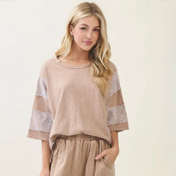 C 973. J.Her Mineral Washed Top w/ Eyelet Lace 100% Cotton - Size Medium