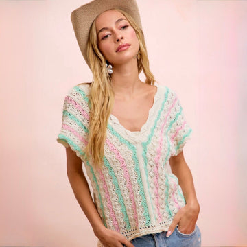 D 925. NWT BiBi Crochet Knit Top w/ Scallop Stripes - Size Large