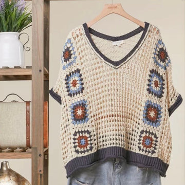B 929. Mello Boho Crochet Granny Square Top - Size Small (will fit Medium & Large)