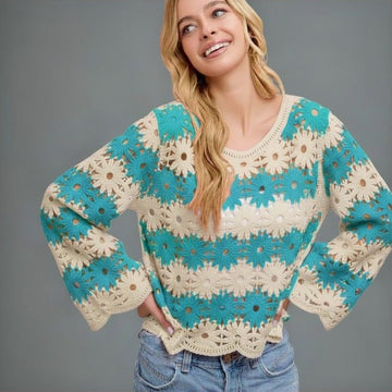 D 996. NWT BiBi Flower Crochet Knit Top - Size Large