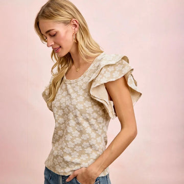 NWT BiBi Floral Jacquard Ruffle Sleeve Knit Top