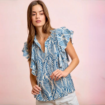 B 914. NWT BiBi Botanical Print Ruffle Sleeve Top - Size Small