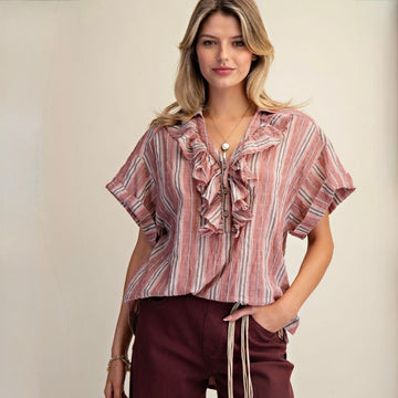 C 909. NWT Easel Striped Crinkle Blouse 100% Cotton - Size Medium (will fit Large)
