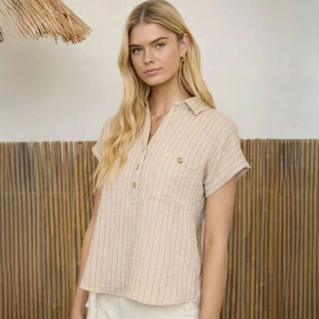 916 Blu Pepper Striped Collared Short Sleeve Henley Top