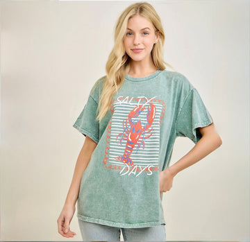 B 975. J.Her Mineral Washed Salty Days Lobster Graphic T-Shirt 100% Cotton - Size Small