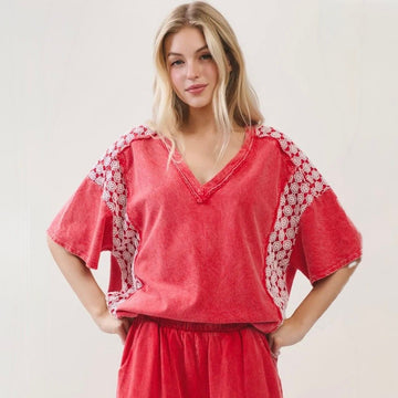 B 947. J.Her Mineral Washed Top with Daisy Trim Lace 100% Cotton - Size Small