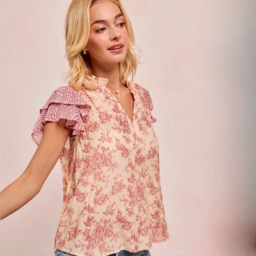 NWT BiBi Printed Woven Ruffled Sleeve Top