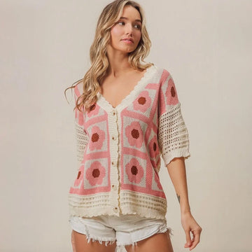 NWT BiBi Flower Printed Button-up Crochet Cardigan