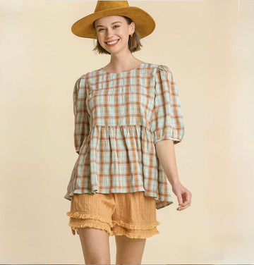 D 926. NWT Umgee Crinkle Plaid Print Puff Sleeve Top - Size Large