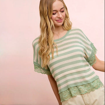 G 937. NWT BiBi Striped Contrast Lightweight Knit Top with Lace Detail - Size 3X
