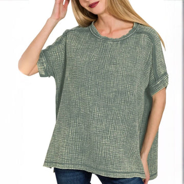C 938. Zenana Gauze Roundneck Acid Wash Top w/ Raw Edges 100% Cotton - Size Medium (will fit Large & XL)