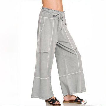 D 991. Zenana French Terry Washed Exposed-Seam Wide Leg Pants 100% Cotton - Size Large
