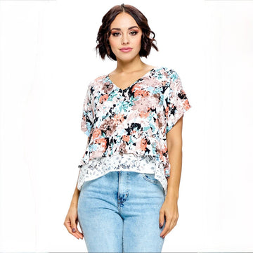 B 963. NWT Yak & Yeti Floral Boho Ruffled Top w/ Lace - Size Small/Medium