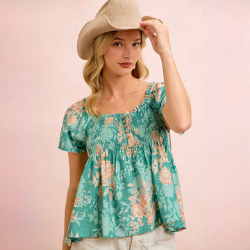 E 980. NWT BiBi Floral Puffed Sleeve Smocked Bodice Top - Size XL