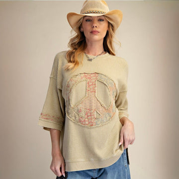 D 904. NWT Easel Peace Washed Waffle Knit Top - Size Large (will fit XL)