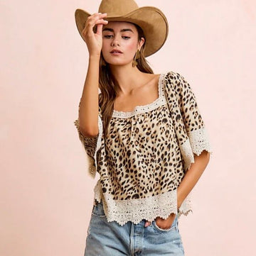 C 997. NWT BiBi Leopard Print Top with Lace & Square Neckline- Size Medium