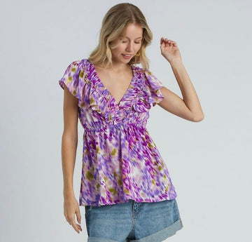 B 939. NWT Umgee Mixed Print Ruffle Sleeve Flutter Top - Size Small